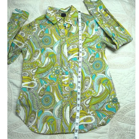 Gap Psychedelic Retro Button Down Green Blue Paisley Floral Cotton Women XS - Picture 6 of 9